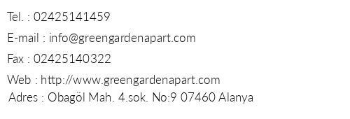 Green Garden Apart Hotel telefon numaralar, faks, e-mail, posta adresi ve iletiim bilgileri